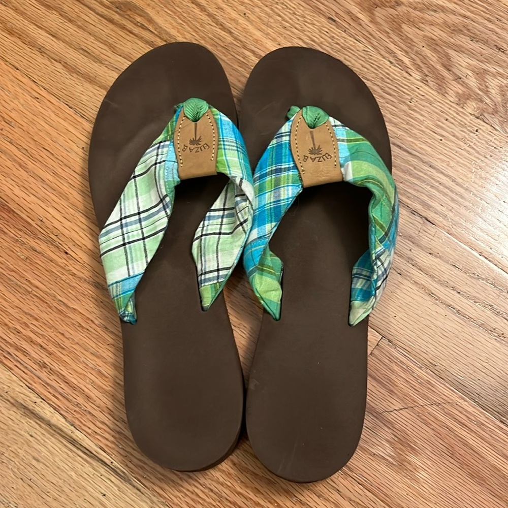Eliza B Brown and Green Plaid Flip Flops